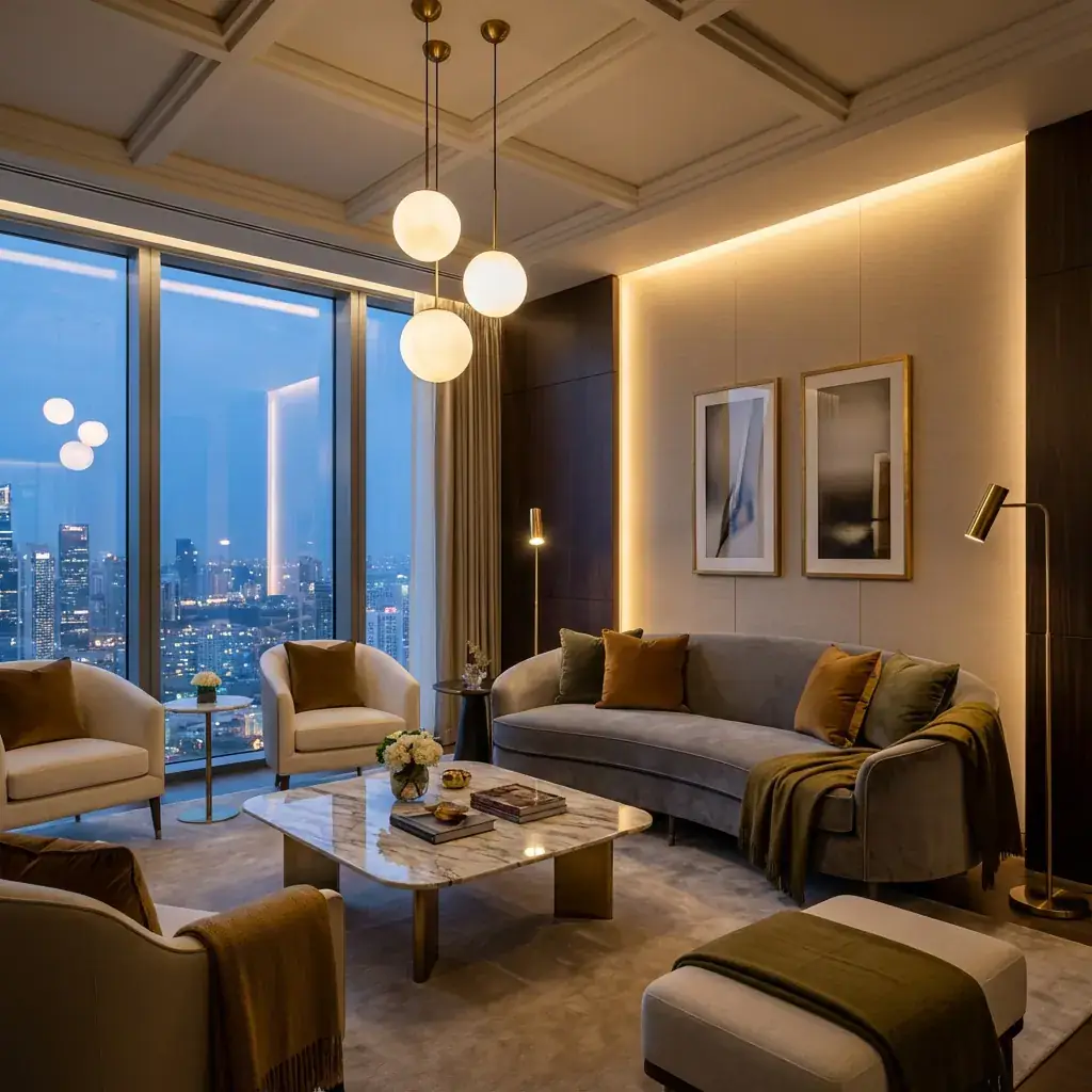 Ruang tamu modern luxury dengan pencahayaan hangat dan pemandangan kota di malam hari